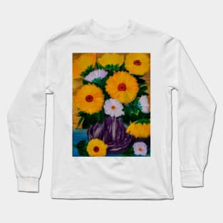 Some abstract sunflowers and carnations in a metallic purple abd silver vase Long Sleeve T-Shirt